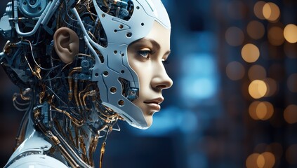 Sztuczna inteligencja z ludzką twarzą. Portret pięknej kobiety androida. 
