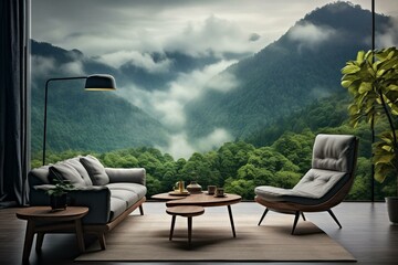 Contemporary living room with scenic nature backdrop, featuring armchair, table, and sofa. Generative AI