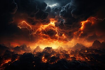 An orange-yellow-gray sky with clouds, lightning, thunder, and a terrifying storm.by Generative AI