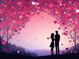 silhouette of two lovers on sunset background under trees with little hearts. Valentine's Day