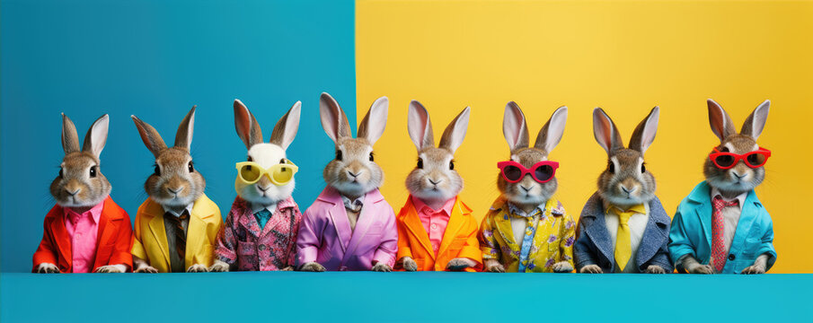 Funny rabbits or bunny in suits and tie, on color backgroud in row. Fancy rabbit banner.