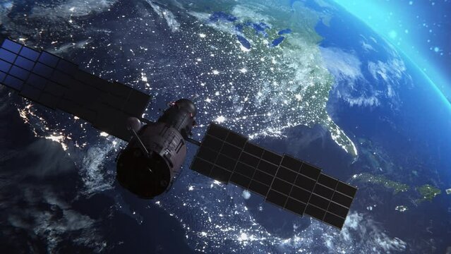 Concept Data. Meteorology space navigation satellite monitoring weather of planet orbiting above earth. Telecommunication spaceship floating in unaverse, shuttle into atmosphere. 3d render animations