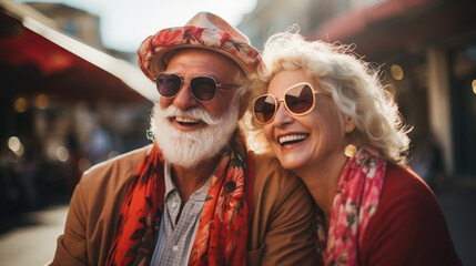 beautiful elderly couple hugging and smiling on vacation. Valentine's Day. copy space