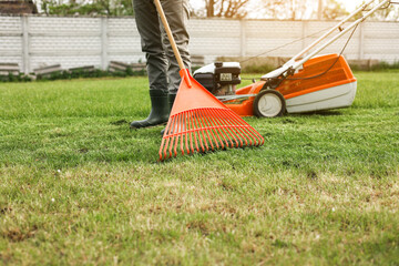 Male gardener collects cut grass with orange plastic rake after a mower, works in the backyard of...
