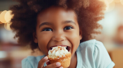 beautiful girl eating a cake with cream closeup - obrazy, fototapety, plakaty