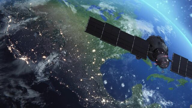 Concept Data transfer. Space shuttle and space station orbiting realistic earth monitoring planet. International Space Station revolving over ocean and mainland, exploration mission. 3d render animate