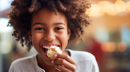 beautiful girl eating a cake with cream closeup