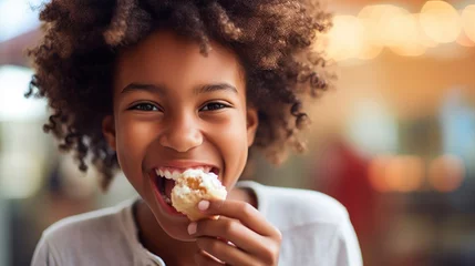 Fotobehang beautiful girl eating a cake with cream closeup © Svetlana