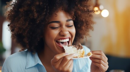 Young beautiful african woman eating a cake with cream closeup - Powered by Adobe