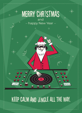 Merry Christmas and happy New Year greeting card. 60s-70s retro style poster with Christmas wishes text. DJ Santa Claus character vector illustration.