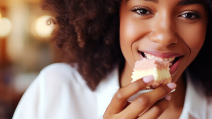 Young beautiful african woman eating a cake with cream closeup