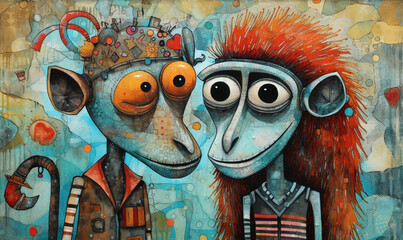 a cartoon of cute couples monkey - obrazy, fototapety, plakaty