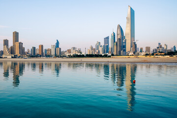 Naklejka premium Kuwaits coastline and skyline. Panorama of Kuwait City in the Persian Gulf. The capital of Kuwait. Middle East.