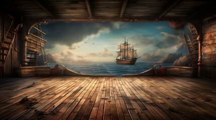 Obraz premium Empty pirate ship deck background for theater stage