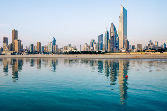 Kuwaits coastline and skyline. Panorama of Kuwait City in the Persian Gulf. The capital of Kuwait. Middle East.