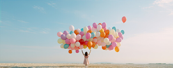 young girl with many color ballons flying over her head. copy space for text.