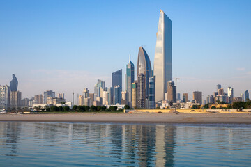 Kuwaits coastline and skyline. Panorama of Kuwait City in the Persian Gulf. The capital of Kuwait. Middle East. - obrazy, fototapety, plakaty