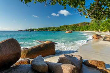 Fototapeta na wymiar Granite rocks at Anse Lazio, scenic beach in Praslin island, Seychelles
