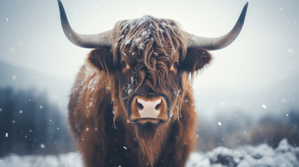 brown cow or yak in snow - obrazy, fototapety, plakaty