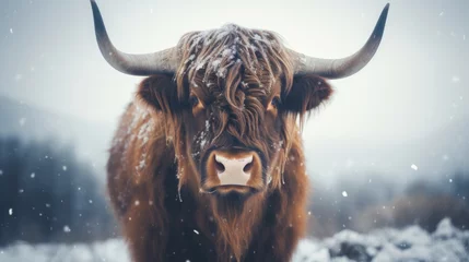 Schilderijen op glas brown cow or yak in snow © mimadeo