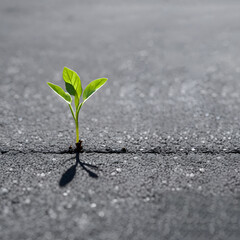 A young plant grows on asphalt on a sidewalk in the city.