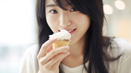 Young beautiful asian woman eating a cake with cream closeup