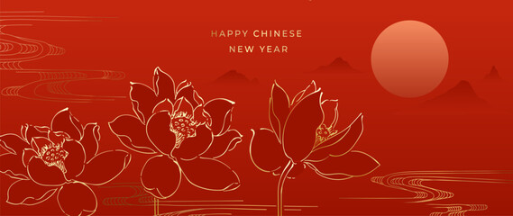 Happy Chinese new year background vector. wallpaper with gold lotus. Modern luxury oriental illustration for cover, banner, website, wall decoration. 