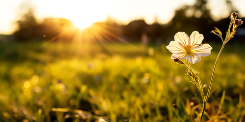 Springtime landscape with daisy flowers field at sunset