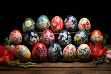 Fototapeta na wymiar easter eggs in a basket black background