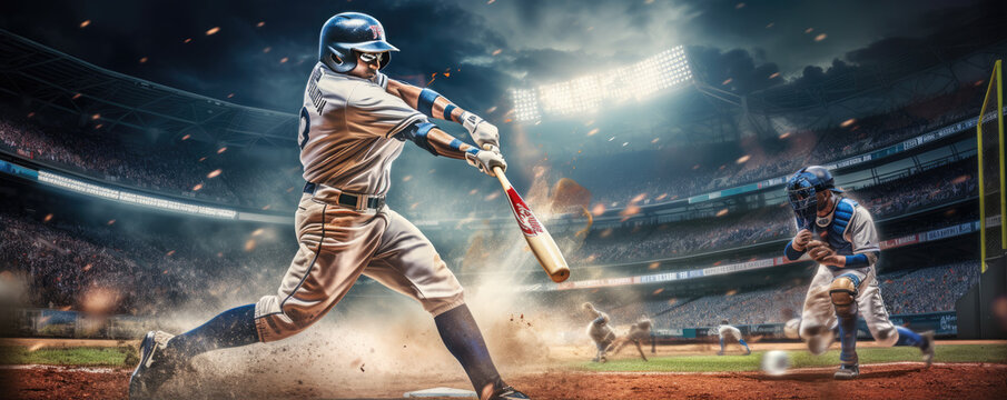 baseball player in action, at night stadium with spotlights. abse ball motion banner.