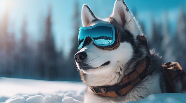 A fearless sakhalin husky donning protective goggles bravely leads a snow-covered sled through the freezing winter wilderness, showcasing the wild and adventurous spirit of this remarkable dog breed