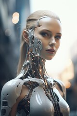 An alluring woman with a robotic body adorned with a fashionable necklace, stands confidently outdoors, exuding a bold fusion of humanity and technology in her striking portrait