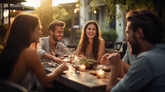Group of friends laughing and enjoying dinner at outdoor restaurant during summer
