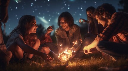 Happy friends having fun with fire sparkles. Young people millennials camping at picnic after sunset.