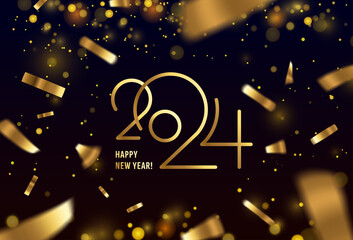 Golden 2024 logo text design on black background. Vector stylish elegant modern minimalistic text with numbers. Concept design. Christmas background with stars, snow, confetti. Happy New Year.