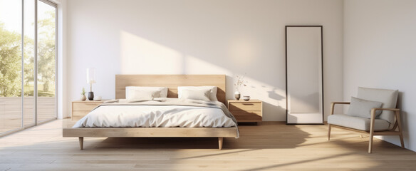 Interior of modern bedroom with white walls, wooden floor, comfortable king size bed and wooden wardrobe. 3d render
