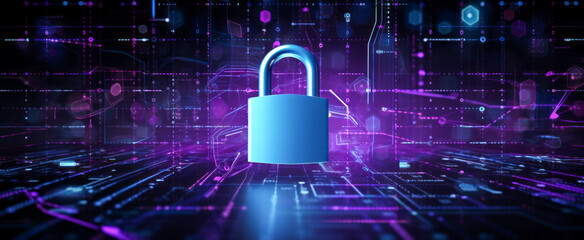 Cyber security concept with padlock on digital background 3D render