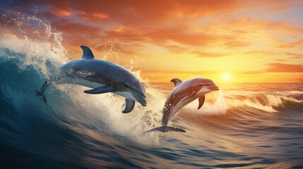 Playful dolphins jumping over breaking waves. Hawaii Pacific Ocean wildlife scenery.