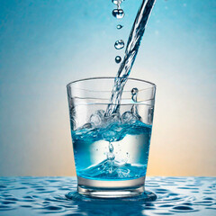 Pouring water into a glass with splashes on a light blue background