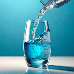 Pouring water into a glass with splashes on a blue background
