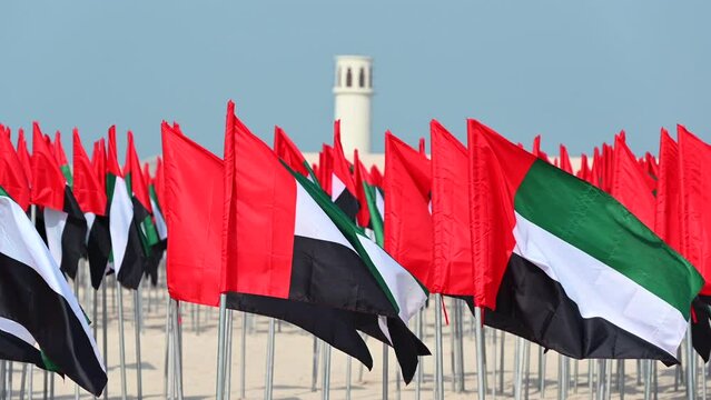 UAE flags are on display at the Flag Garden to celebrate UAE Flag Day in Dubai, UAE