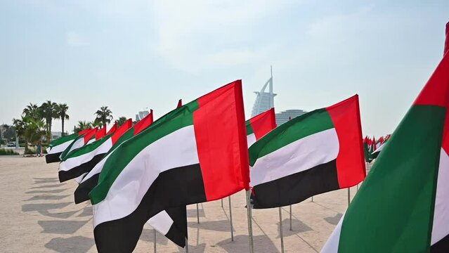 UAE flags are on display at the Flag Garden to celebrate UAE Flag Day in Dubai, UAE