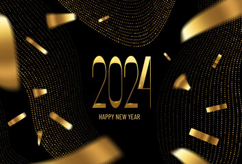 Golden luxury 2024 Happy New Year elegant design on black background Elegant modern minimalistic typography with numbers. Concept design. Business Christmas background with stars, confetti.
