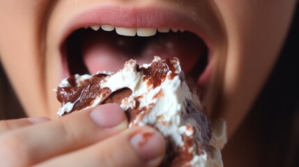 woman eating a cake with cream extremely closeup - obrazy, fototapety, plakaty