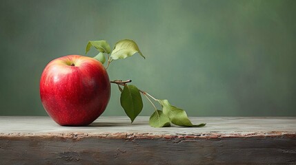 Realistic, a red apple on the table, sage green background, shabby chic, very very close, oil...