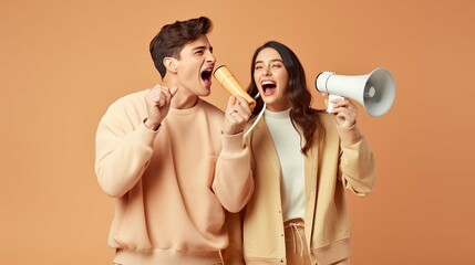 Side view young couple two friends family man woman wear casual clothes hold in hand megaphone scream announces discounts sale Hurry up together isolated on pastel plain light beige color background