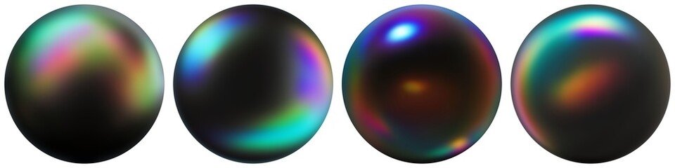 Black holographic gleaming balls set. Dark iridescent spheres 3d on white background isolated.