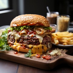 A Double Cheeseburger with Beef and Onion Rings on a Wooden Board, Fries beside the Burger