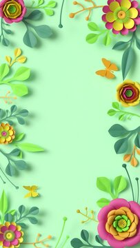 Festive floral frame vertical video. Blank botanical template with copy space. Colorful paper flowers and green leaves growing, appearing on pastel mint background. Decorative floral arrangement