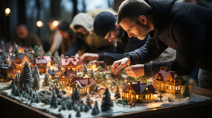 Christmas day, the family Creating a holiday village display - obrazy, fototapety, plakaty